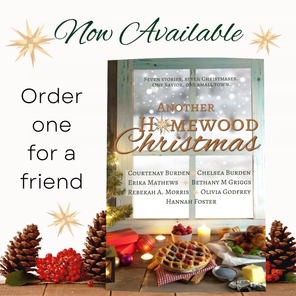 Another Homewood Christmas is now available. Order a copy for a friend here:  https://books2read.com/u/brBkOe  
The image depicts the collection cover on a wooden-plank table alongside pinecones and holly berries against a white backdrop.